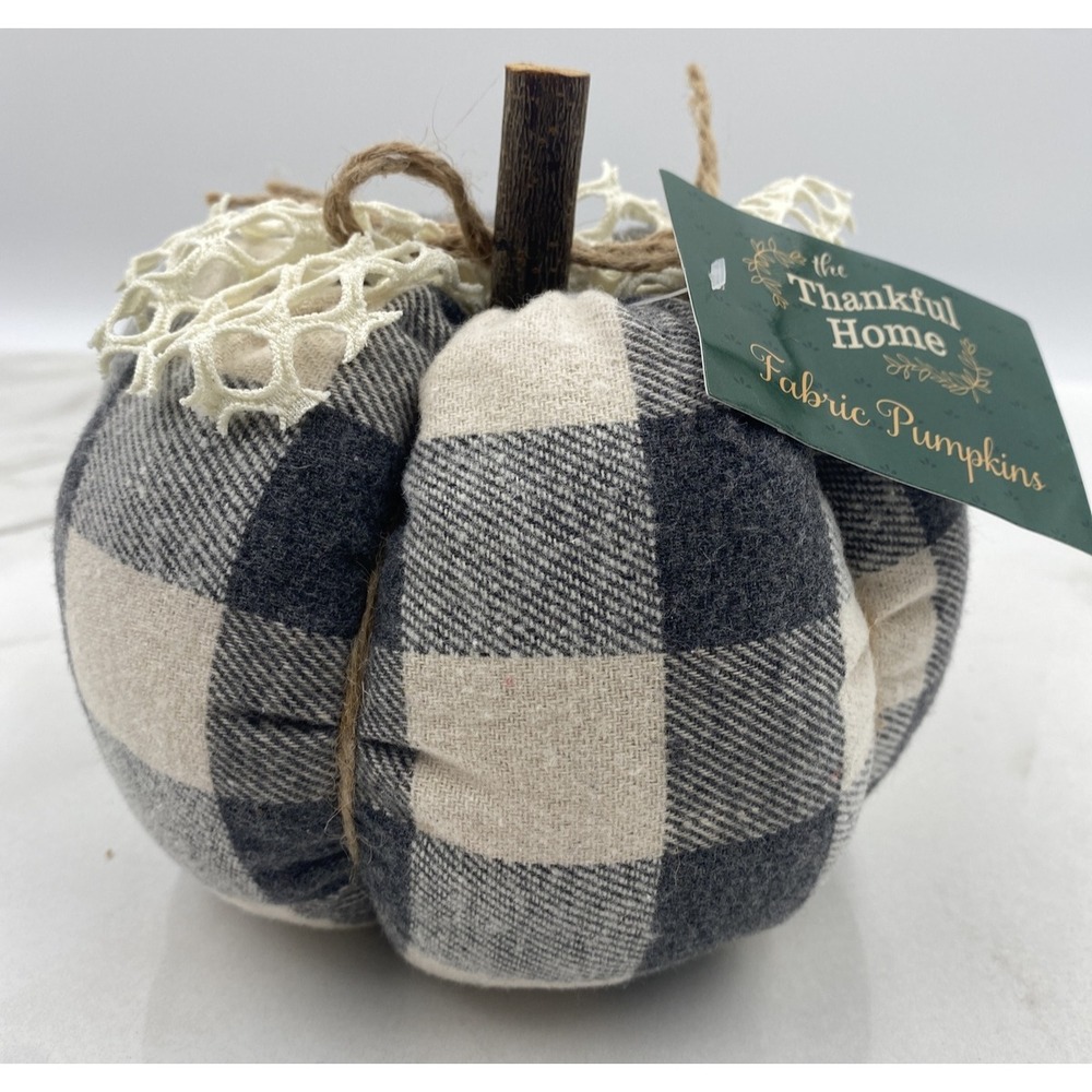 Fabric Pumpkin Gray White Plaid Gingham Stuffed Fall Farmhouse Wood Stem 6" Fall